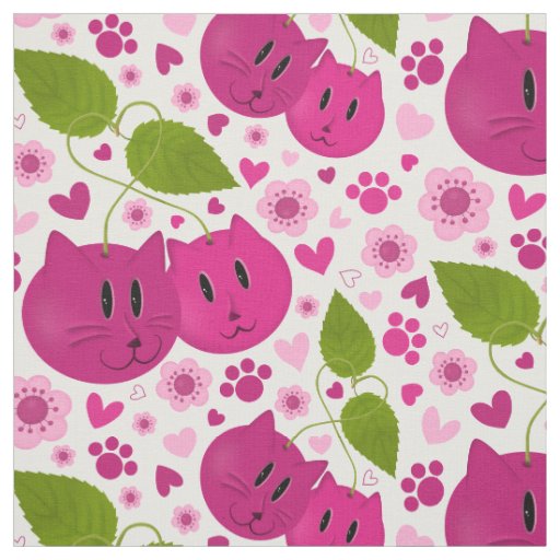 Cherries, Cats, Hearts, Cherry Blossoms and Paws Fabric