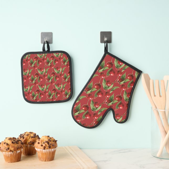 Cherries Cherry Red Pattern Oven Mitt & Pot Holder Set (Insitu(Hanging))