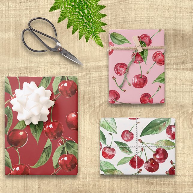 Cherries Cherry Red Pink White Pattern Wrapping Paper Sheets (Creator Uploaded)