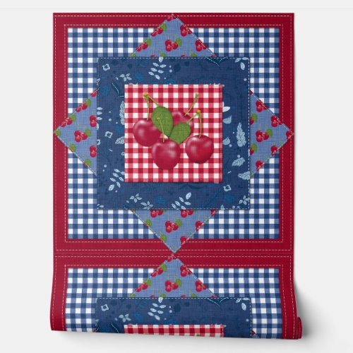 Cherries Denim and Gingham Check Cottage Quilt Wallpaper
