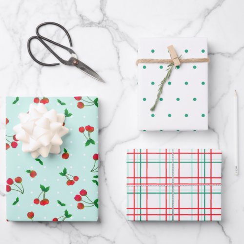 Cherries Dots and Plaid Assorted Wrapping Paper Sheets
