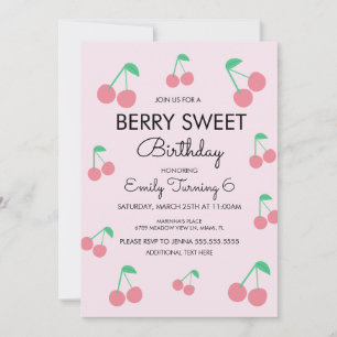 Cherries Fruit Pink Red Birthday Party Invitation