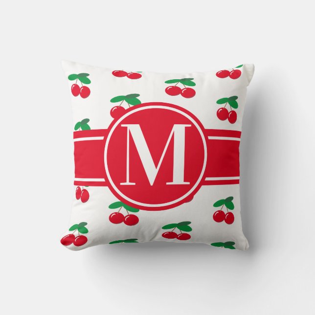 Cherries Fruit Red Pattern Monogram White Throw Pillow (Front)