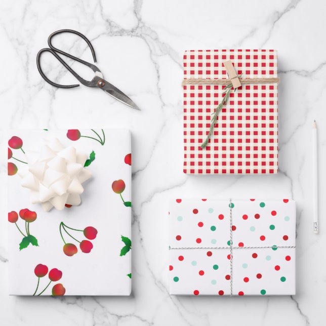 Cherries, Gingham and Lots of Dots Assorted Wrapping Paper Sheets (Front)