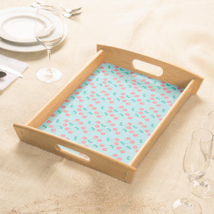 Cherries Hand Painted Watercolor Pink Teal Serving Tray