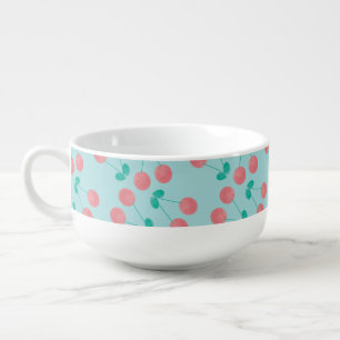 Cherries Hand Painted Watercolor Pink Teal Soup Mug