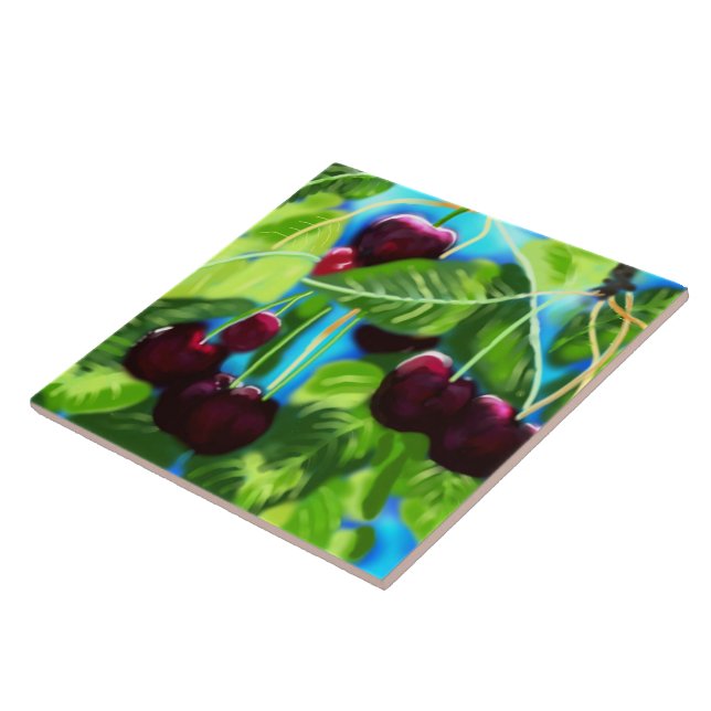 Cherries Hanging From Branches Cherry Red Green Ceramic Tile (Side)