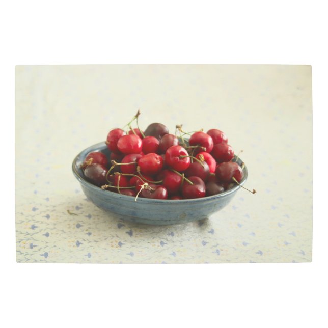Cherries in a blue bowl  metal print (Front)