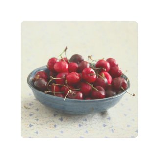 Cherries in a blue bowl  metal print