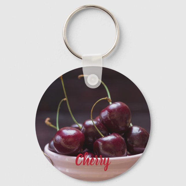 Cherries in pink bowl for fruit lover keychain (Front)