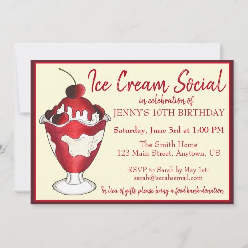 Cherries Jubilee Sundae Ice Cream Social Party Invitation
