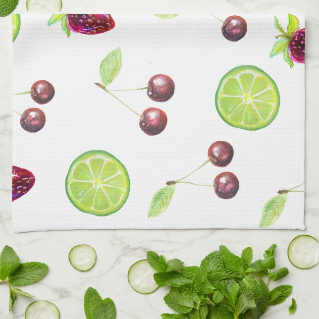 Cherries Limes Strawberries Kitchen Towel (Folded)