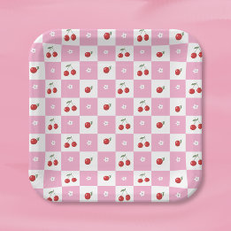 Cherries Little Flowers Pink and White Paper Plate