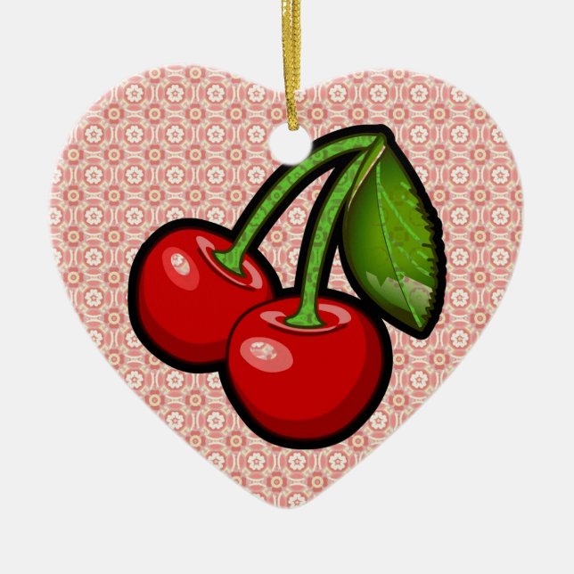 Cherries on Flower Ceramic Ornament (Front)