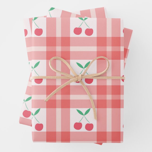 Cherries on Red Plaid Gingham Pattern  Wrapping Paper Sheets (In situ)