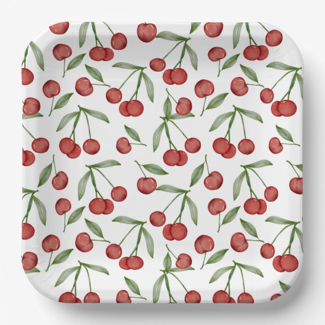 Cherries Paper Plates, Red Fruit Party Plates (Front)