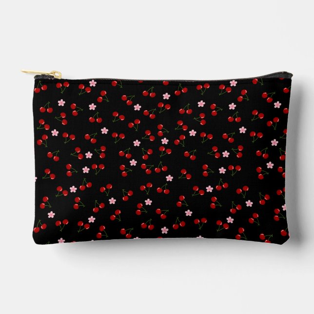  Cherries Pattern on Black Background Accessory Pouch (Front)