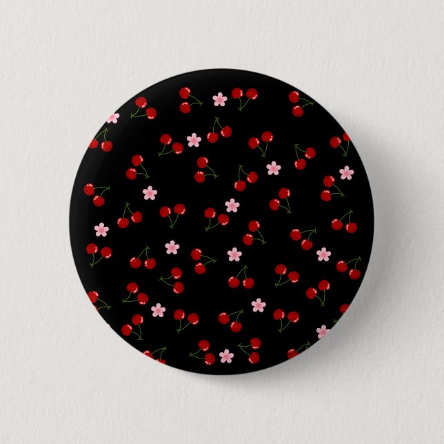  Cherries Pattern on Black Background Button (Front)