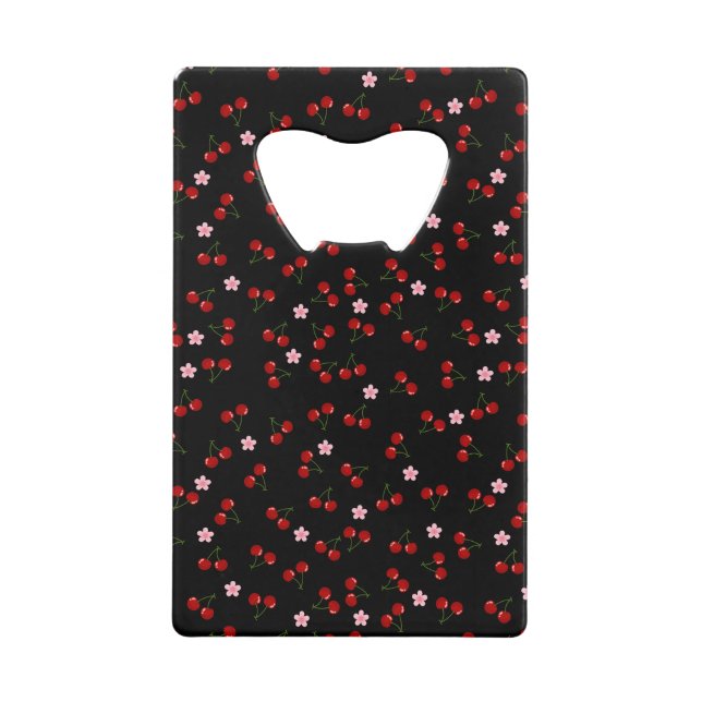  Cherries Pattern on Black Background Credit Card Bottle Opener (Front)
