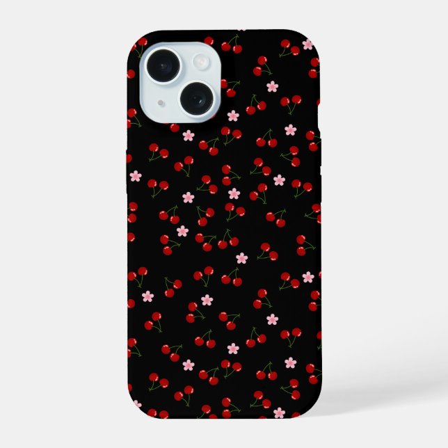 Cherries Pattern on Black Background Iphone Case (Back)