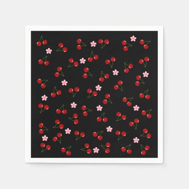  Cherries Pattern on Black Background Napkins (Front)