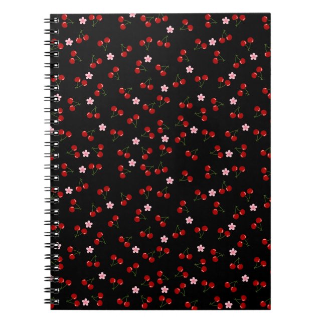 Cherries Pattern on Black Background Notebook (Front)