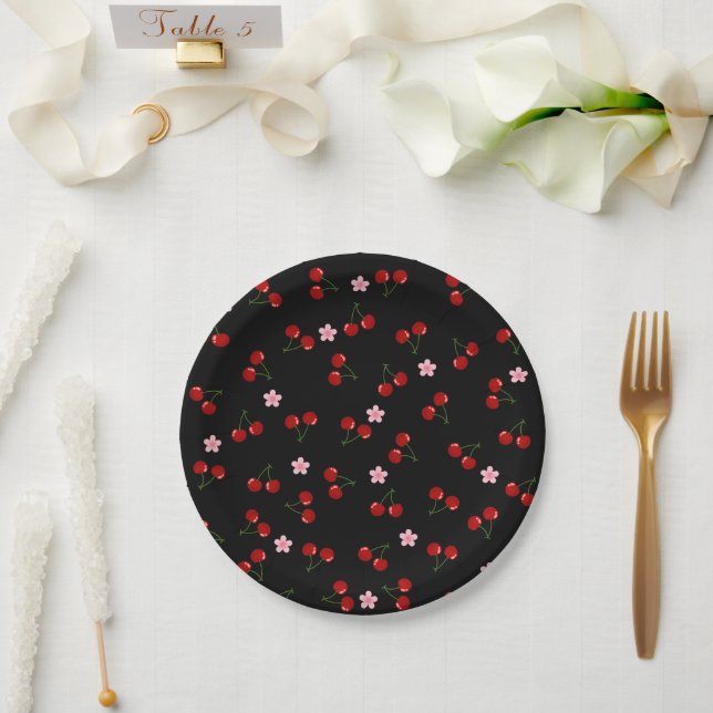  Cherries Pattern on Black Background Paper Plates (Wedding)