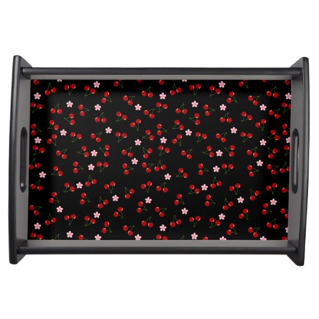 Cherries Pattern on Black Background Serving Tray (Front)