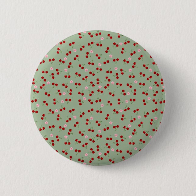 Cherries Pattern on Green Background Button (Front)