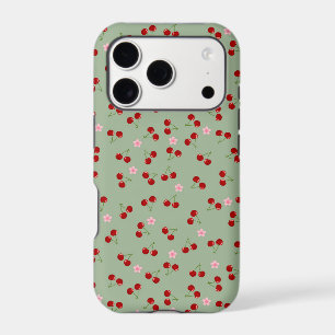 Cherries Pattern on Green Background iPhone 17 Pro Case