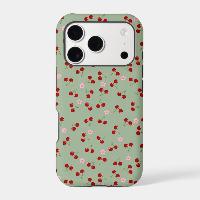 Cherries Pattern on Green Background Case-Mate iPhone Case (Back)
