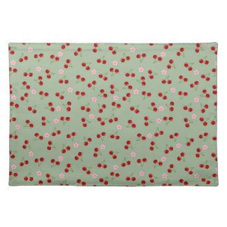 Cherries Pattern on Green Background Cloth Placemat