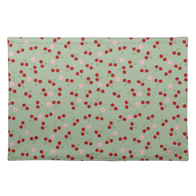   Cherries Pattern on Green Background Cloth Placemat (Front)