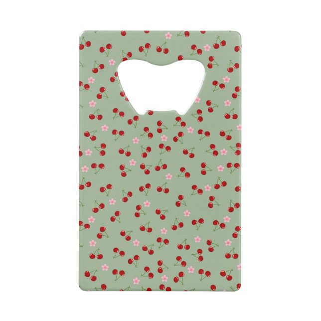   Cherries Pattern on Green Background Credit Card Bottle Opener (Front)