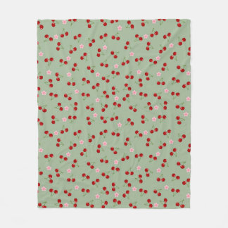 Cherries Pattern on Green Background Fleece Blanket