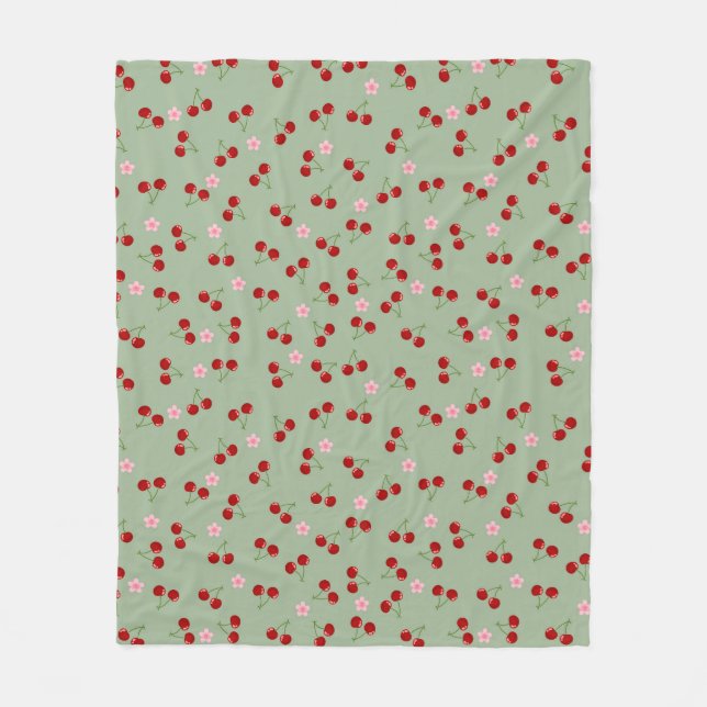 Cherries Pattern on Green Background Fleece Blanket (Front)