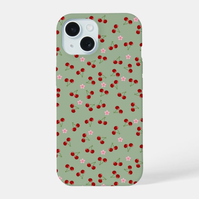 Cherries Pattern on Green Background Iphone Case (Back)
