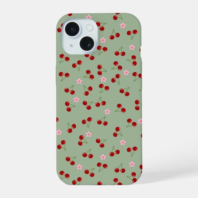 Cherries Pattern on Green Background Iphone Case (Back)