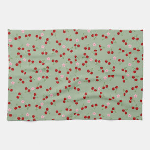 Cherries Pattern on Green Background Kitchen Towel