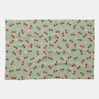 Cherries Pattern on Green Background Kitchen Towel