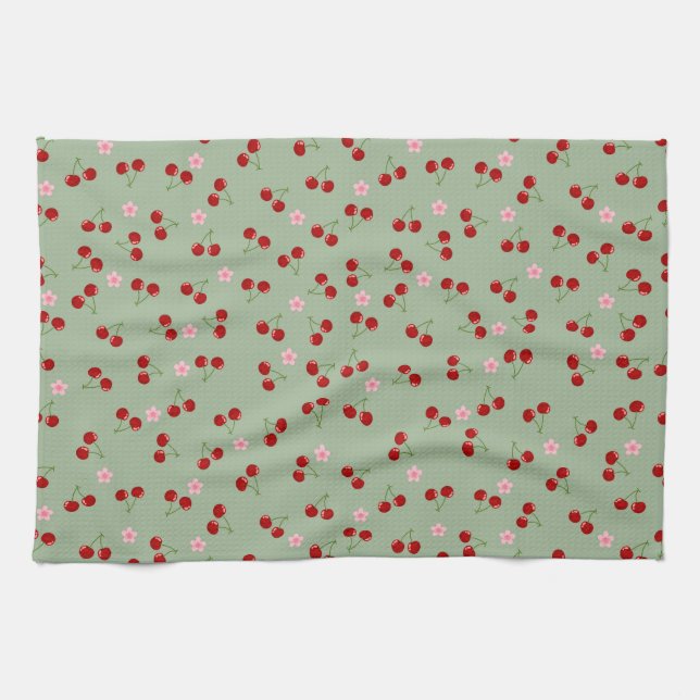 Cherries Pattern on Green Background Kitchen Towel (Horizontal)