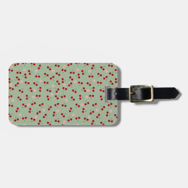   Cherries Pattern on Green Background Luggage Tag (Front Horizontal)