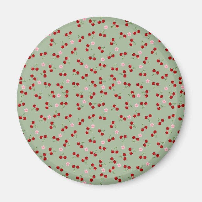 Cherries Pattern on Green Background Magnet (Front)