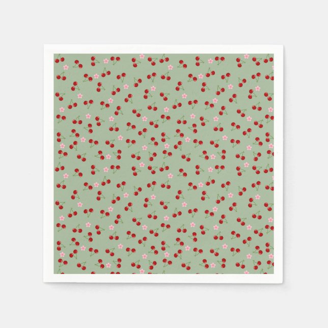 Cherries Pattern on Green Background Napkins (Front)