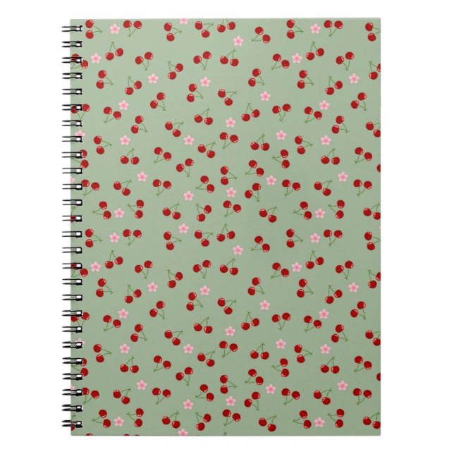 Cherries Pattern on Green Background Notebook (Front)