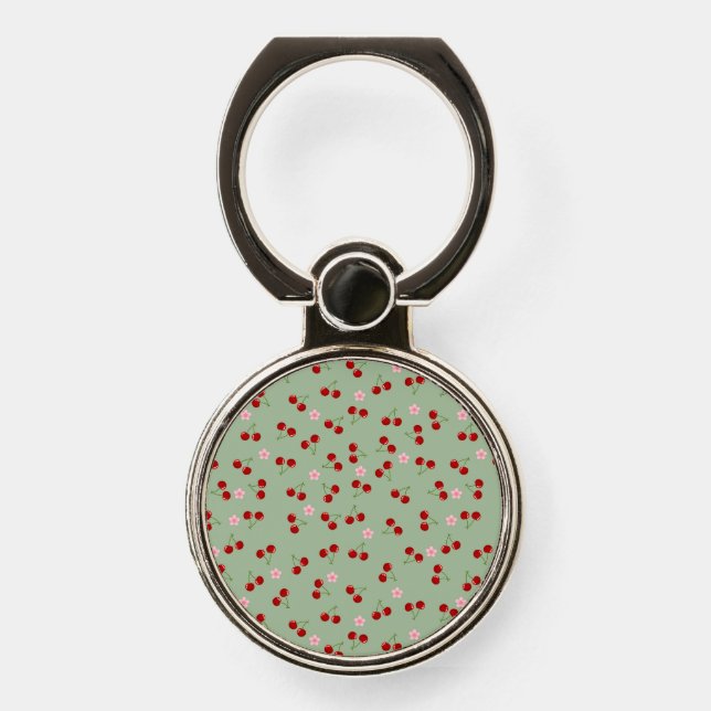   Cherries Pattern on Green Background Phone Ring Stand (Front)