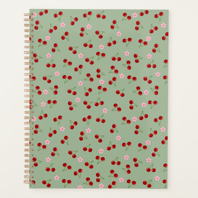 Cherries Pattern on Green Background Planner (Front)