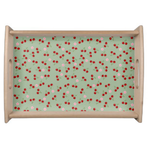 Cherries Pattern on Green Background Serving Tray