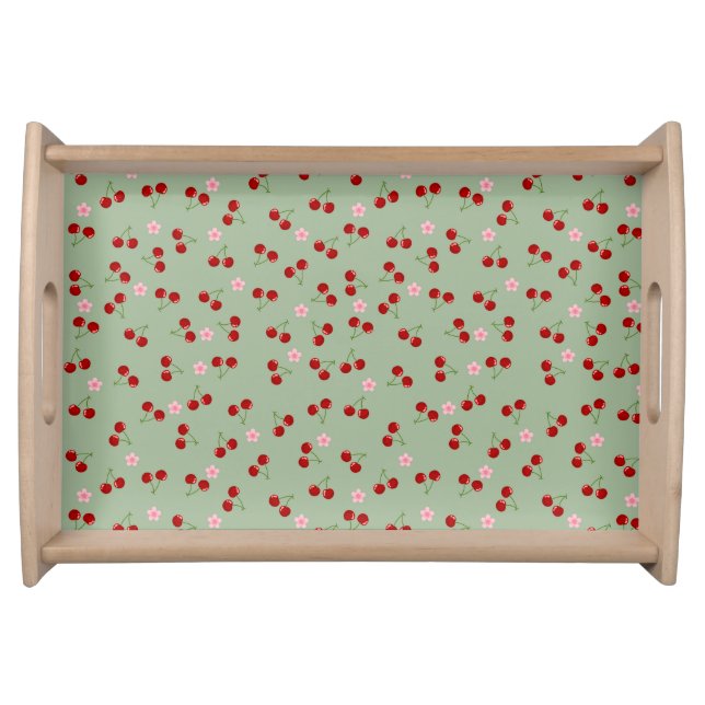 Cherries Pattern on Green Background Serving Tray (Front)