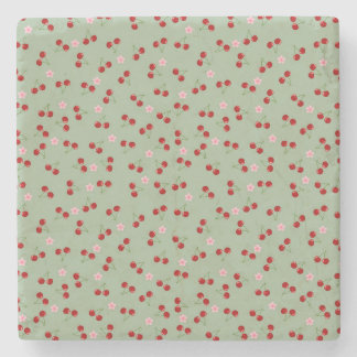 Cherries Pattern on Green Background Stone Coaster